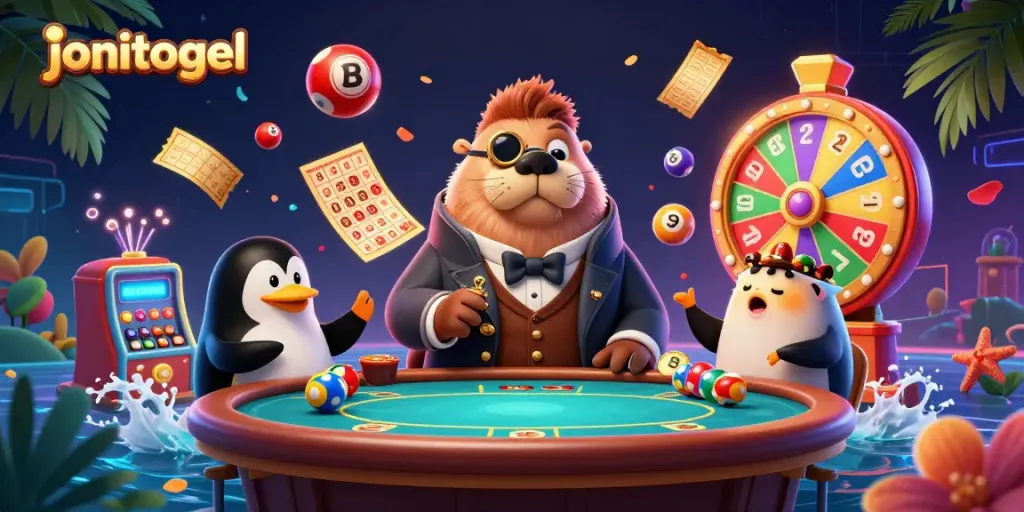 Play with jonitogel at a vibrant underwater poker table featuring a walrus, penguin dealer, and a bluffing pufferfish.