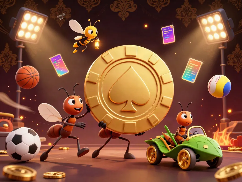 Kèo Nhà Cái Pizza illustrates playful ants performing a heist with a golden poker chip amid sports elements, creating a lively gambling scene.