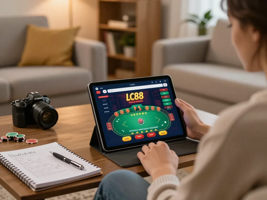 Engaging home scene with LC88 online casino app displayed on a tablet during strategic gaming session.