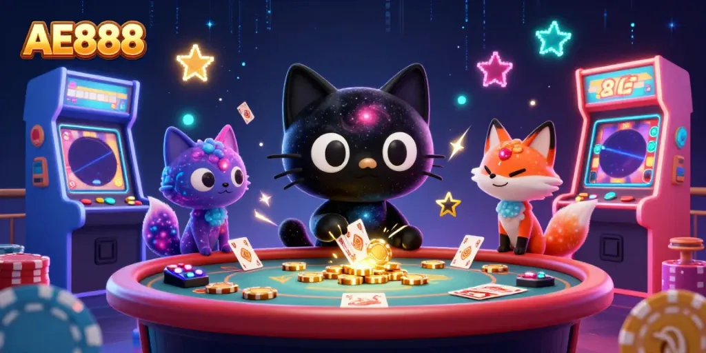 Experience thrilling gameplay at AE888 with a cosmic casino scene featuring vibrant characters and engaging game elements.