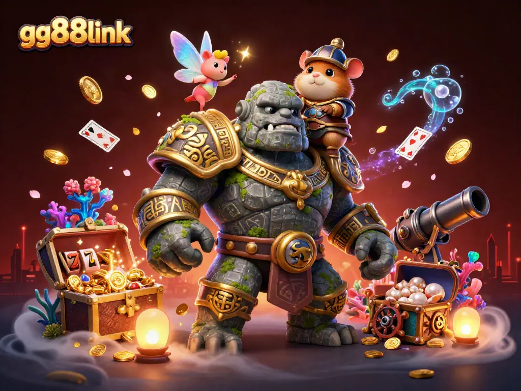 Engage with gg88link's vibrant gaming world featuring a magical golem and knight in action.