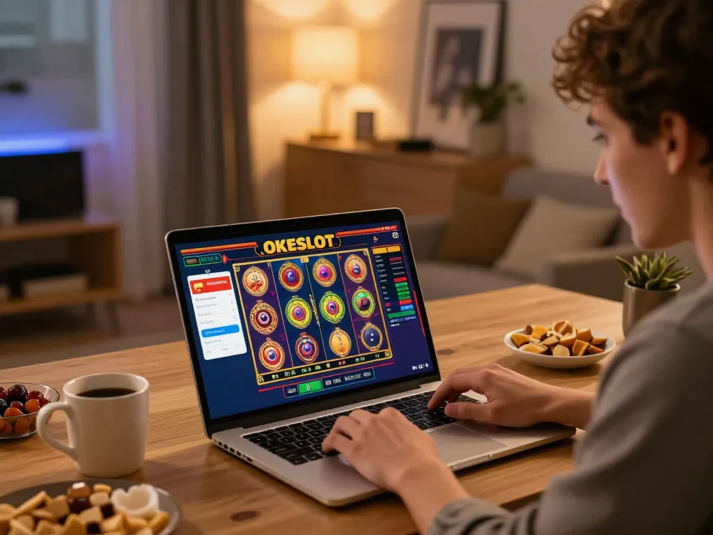 Engaging online gaming session at OKESLOT with vibrant slot graphics and a focused player.