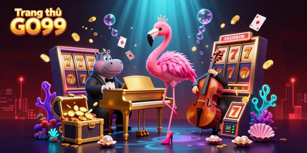 Experience immersive gaming at Trang chủ GO99 with vibrant characters and dynamic casino elements.