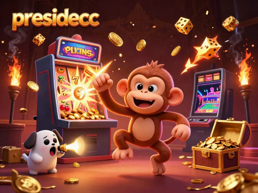 PRESIDENCC showcases a vibrant casino scene with a mischievous monkey and ghost-hunter puppy amidst jackpot symbols.