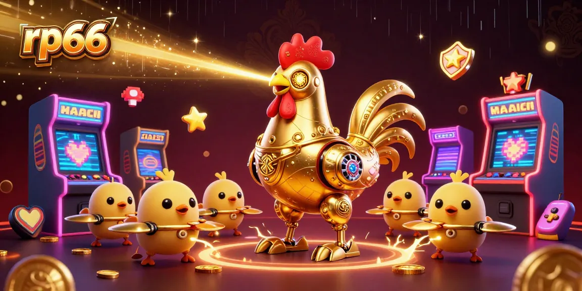 Engage with the vibrant gaming world of rp66 featuring a golden rooster robot and baby chick drones.