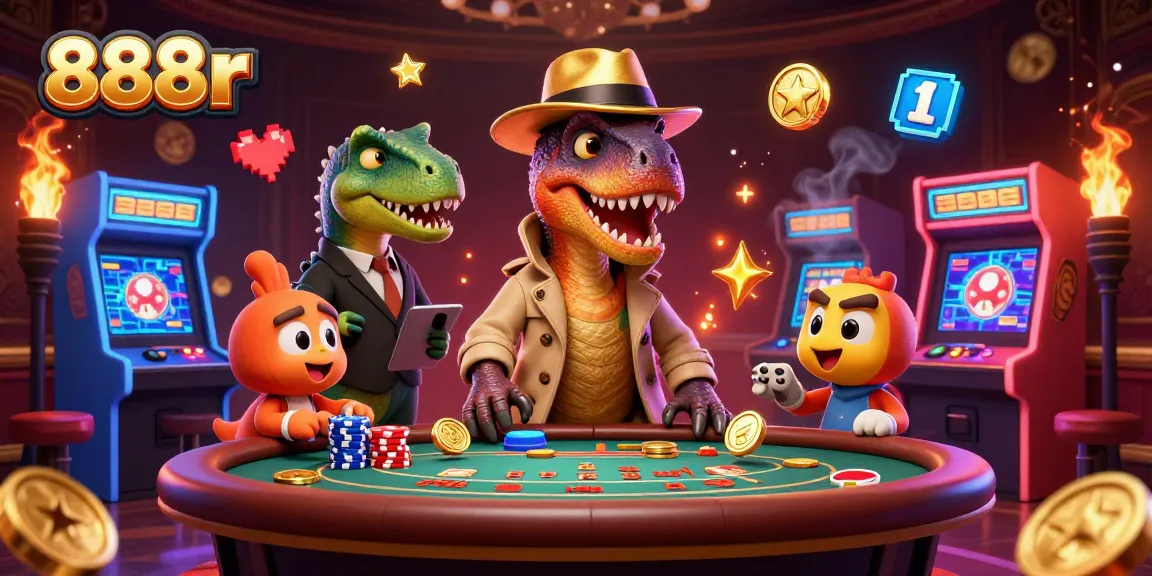 Experience the thrills of 888r casino gaming with a lively scene showcasing characters engaging in exciting activities.