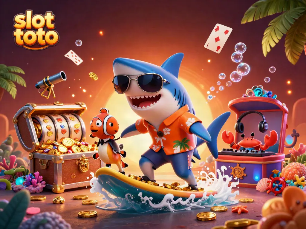 Surf the wave of fortune with slot toto: a playful underwater scene featuring a shark, clownfish, and crab DJ.