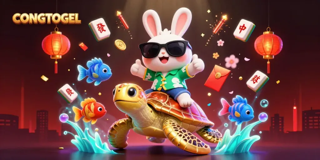 Experience the thrill of CONGTOGEL with a lucky rabbit and golden turtle in a vibrant casino scene.