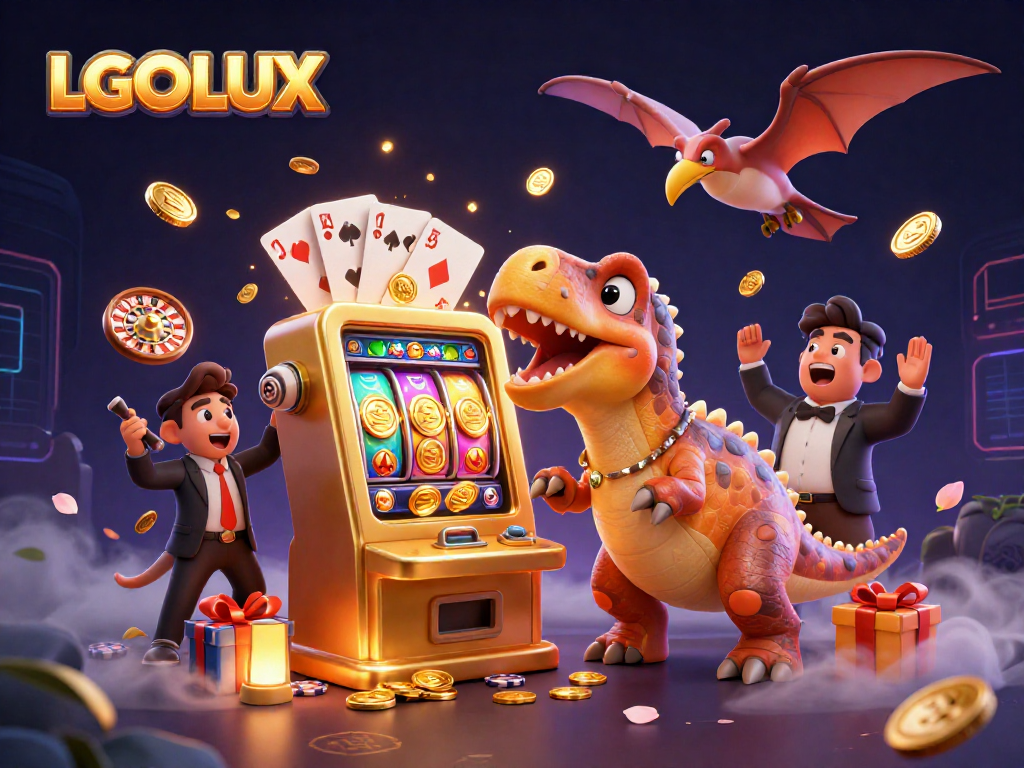Engage with LGOLUX as a cartoon pachycephalosaurus wins jackpot coins at a slot machine.