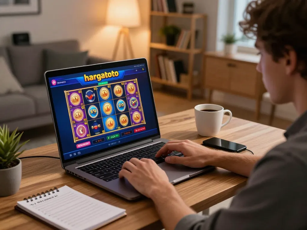 A player engaging with the hargatoto online casino platform on a laptop, displaying excitement and strategy in a cozy home office.