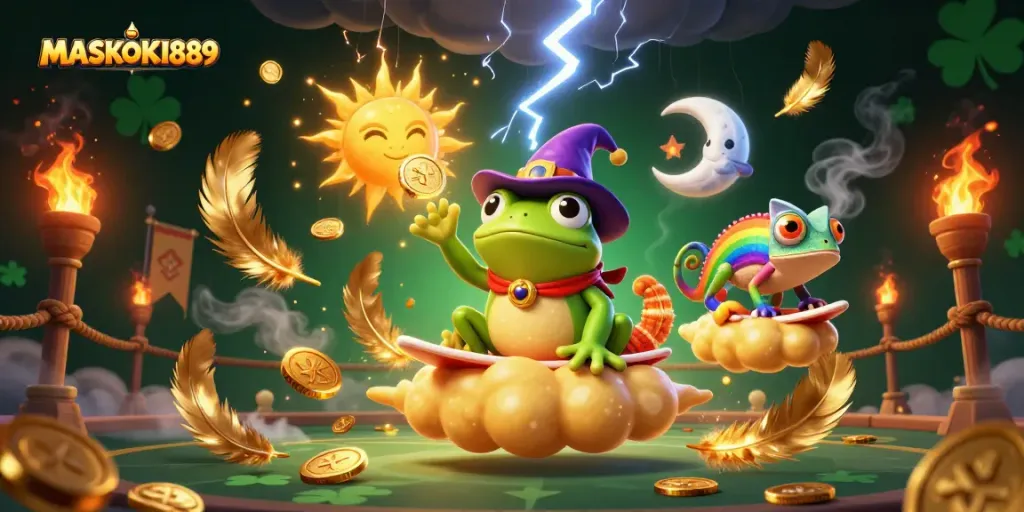 Experience fortune at MASKOKI889 through dynamic golden coin action and colorful spirits.