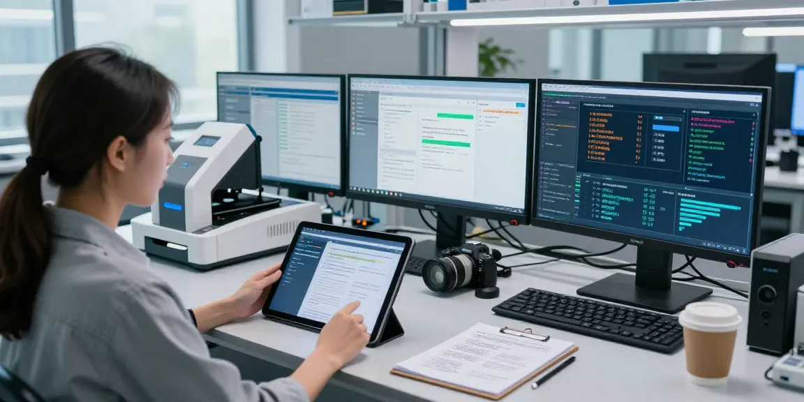 Data analyst demonstrating document fraud detection processes in a high-tech lab setting