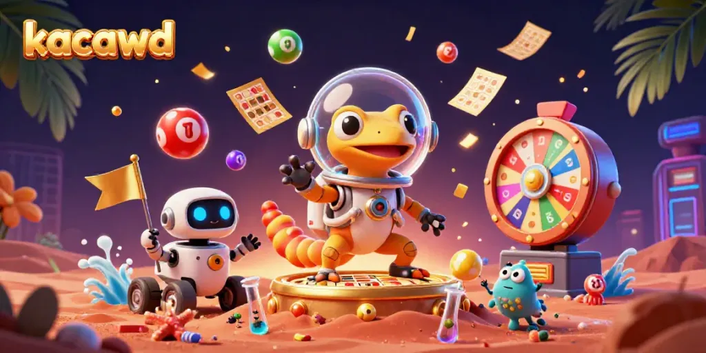 Gecko Mars menjelajahi kasino yang terkubur dengan elemen lotere di planet merah, tema kacawd.