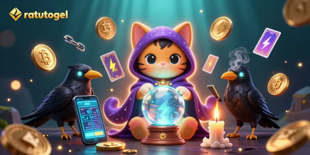Experience excitement with ratutogel in a vibrant gambling scene featuring mystical characters and crypto elements.