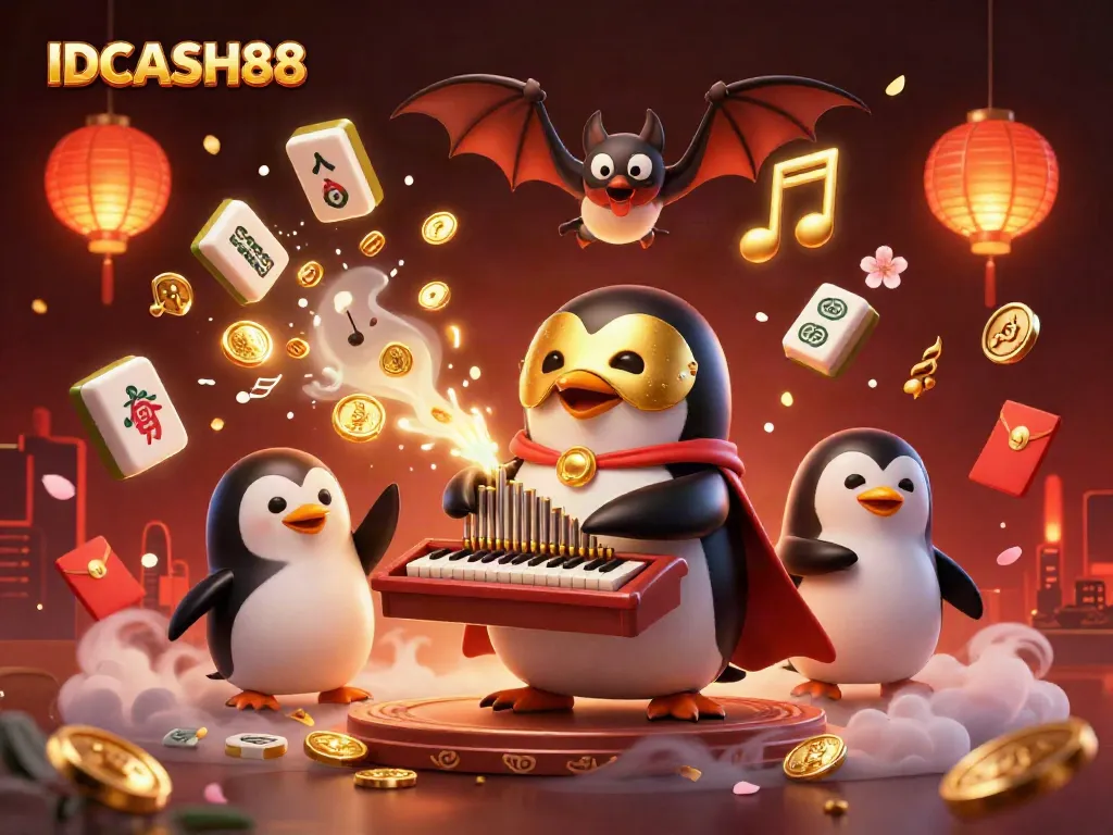 Experience the excitement at IDCASH88 with vibrant casino-themed scenes featuring a golden masked penguin and dynamic elements.