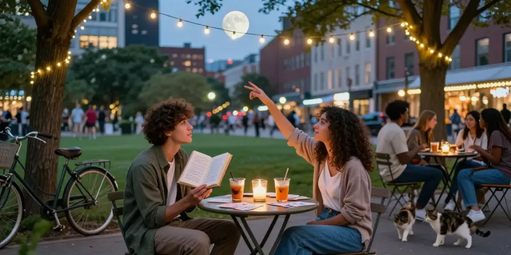 Teman-teman menikmati malam yang hangat sambil menjelajahi mimpi dengan bukumimpi138 di taman kota.