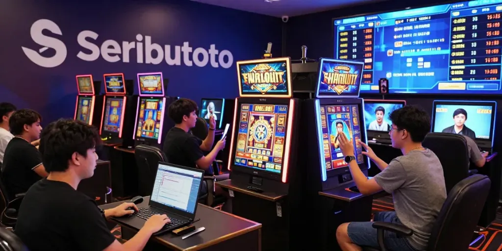 Players immersed in Seributoto online gaming experience, engaging with vibrant slot machines.