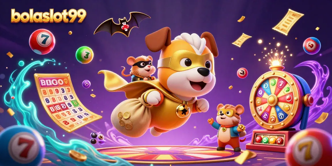 Engage with bolaslot99 as a cartoon dog hero flies amidst vibrant bingo and slot elements.