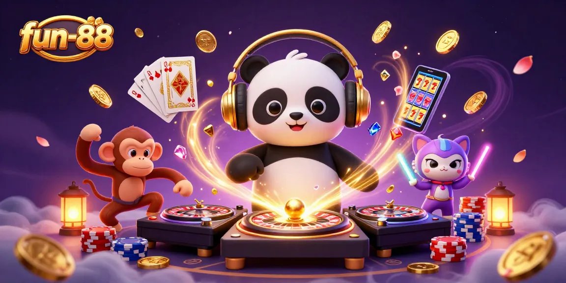 Engage with fun-88 in this lively illustration showcasing a DJ panda and glowing characters.