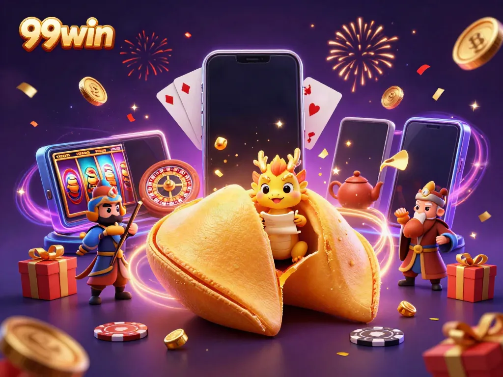 Engage in thrilling gameplay with 99win's vibrant casino scene of fortune cookies and gaming elements.
