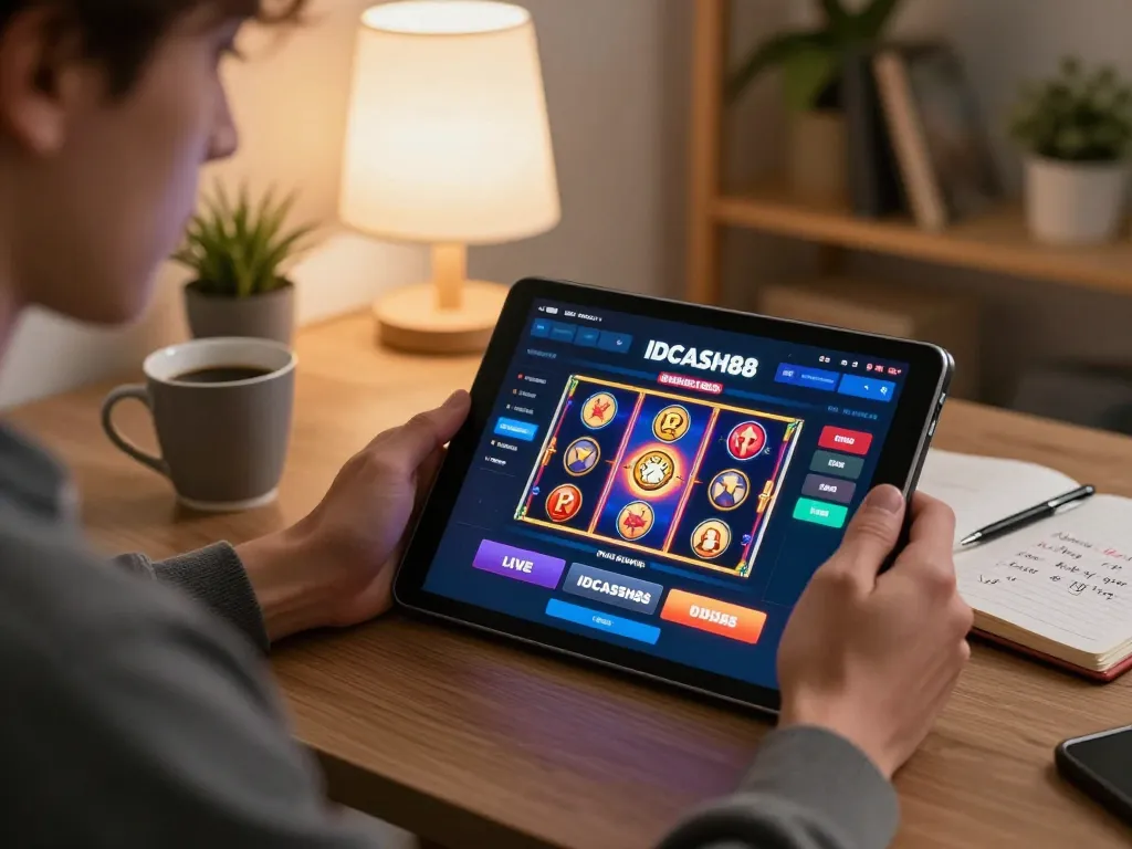 IDCASH88 online gaming scene with a player using a tablet to engage with vibrant slot games and live dealers.
