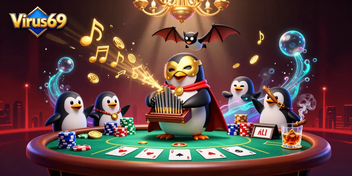 Experience thrilling gameplay at Virus69 with a vibrant scene of a penguin organist and golden coins raining down.
