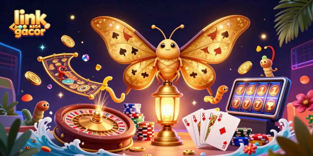 Mainkan link slot gacor dengan ilustrasi 3D kasino yang menampilkan karakter kupu-kupu emas dan elemen permainan yang menarik.