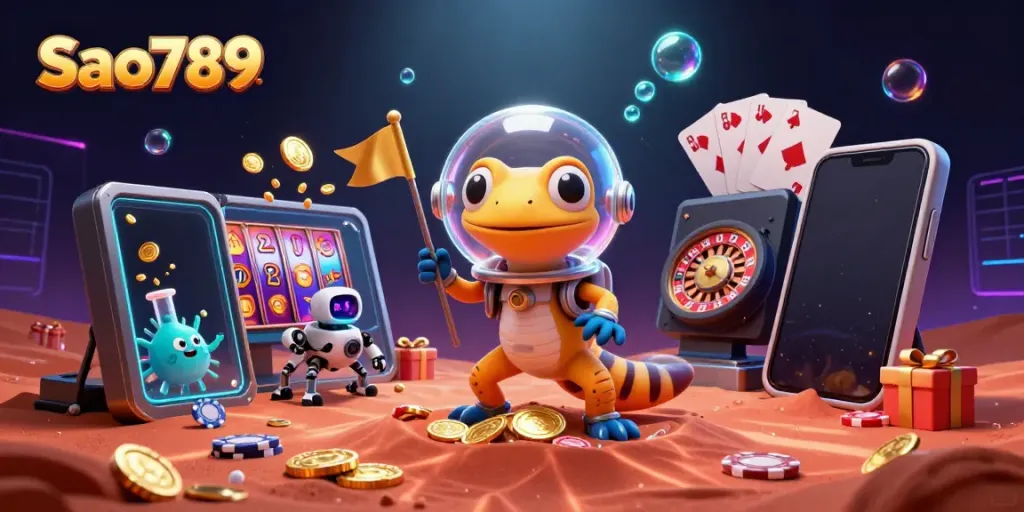 Experience thrilling games at Sao789 with a cartoon Martian gecko discovering a hidden casino