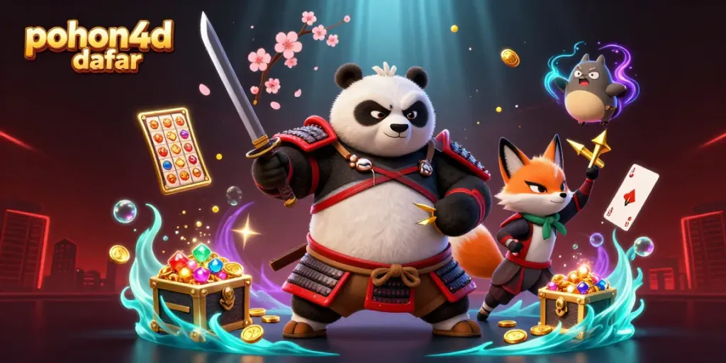 Immerse in the action with pohon4d daftar featuring a vibrant panda samurai, ninja fox, and treasure-filled casino elements.