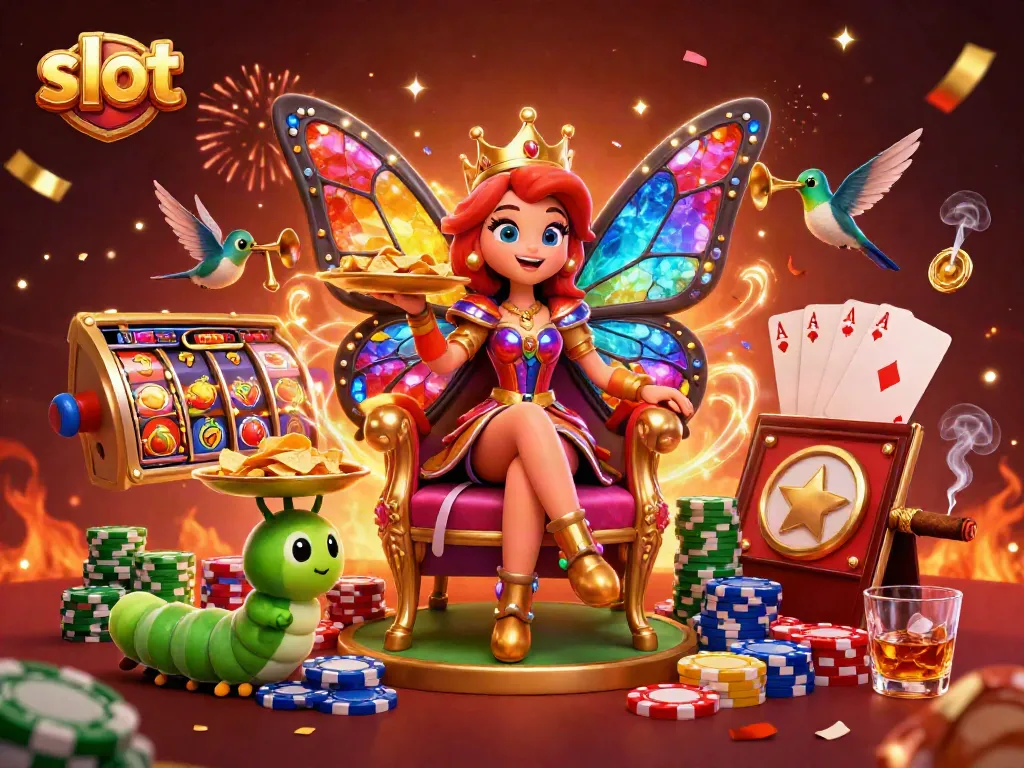 Spin the slot reels featuring colorful symbols with a queen and her chip-carrying caterpillar entourage