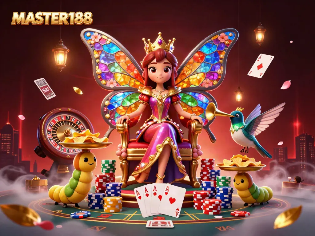 Engage with MASTER188's vibrant 3D casino scene featuring a butterfly queen and live casino elements.
