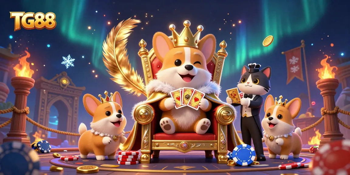 Experience the excitement of TG88 with a regal royal corgi on a poker throne amidst vibrant casino elements.
