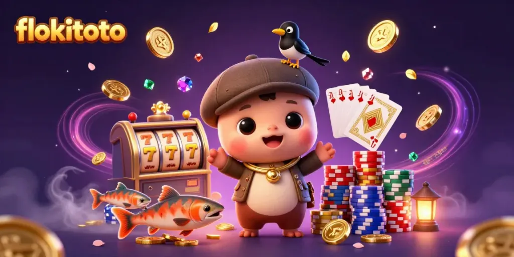 Spin the reels at flokitoto with this vibrant illustration showcasing colorful casino elements and charming cartoon characters.
