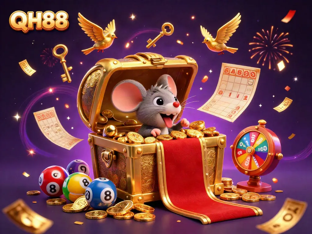 Engage with QH88's lively lottery scene, featuring a treasure chest and vibrant game elements in a dynamic celebration.