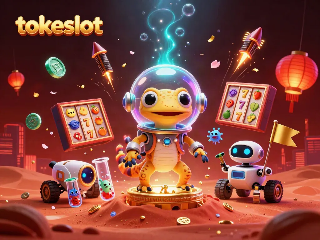 Experience the thrill of tokeslot with a Martian gecko discovering a casino in a cosmic scene.
