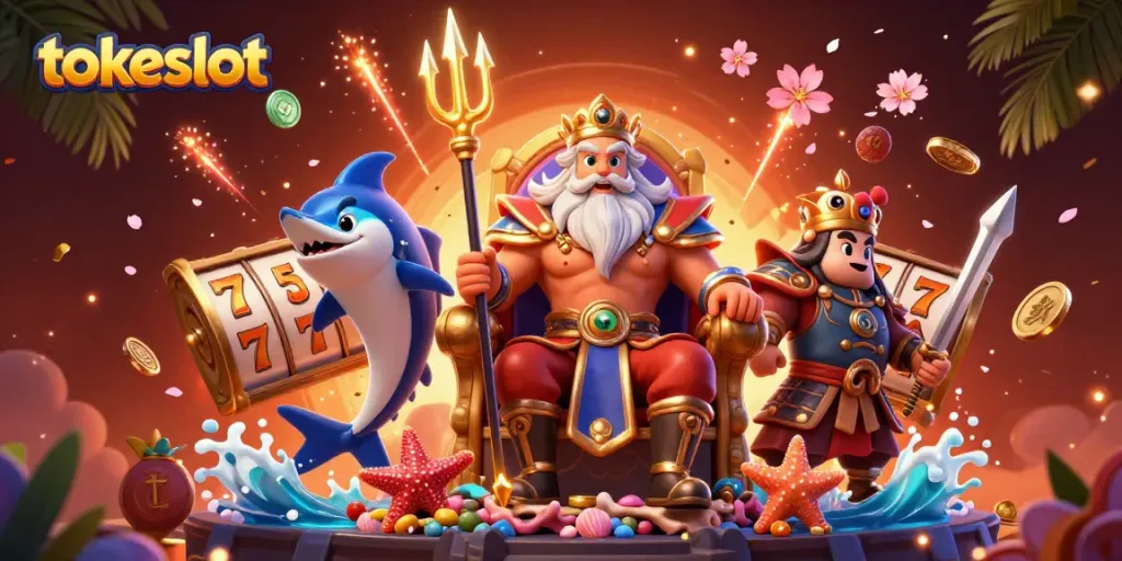 Engage with TokeSlot's exciting slot reels and vibrant casino elements in a rich, dynamic 3D scene.