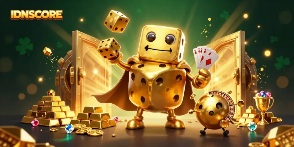 Experience the thrill of IDNSCORE with a vibrant golden dice scene packed with interactive casino elements.