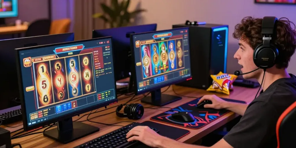 ASLOTRE: Pemain slot online fokus pada permainan dengan suasana gaming yang menggembirakan.