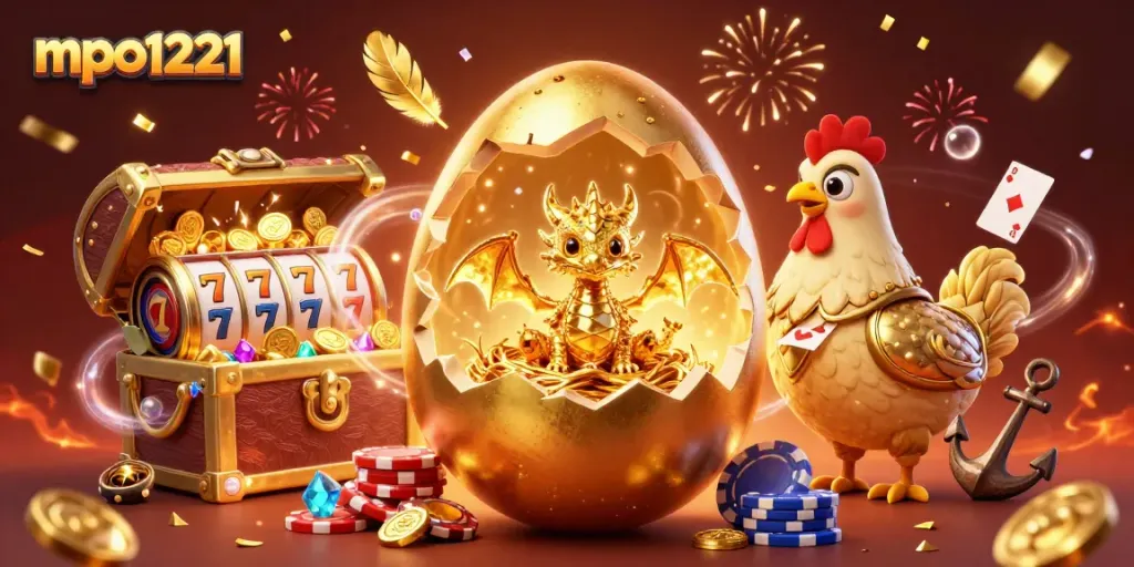 mpo1221 merayakan keberuntungan dengan naga emas di antara chip poker dan simbol slot