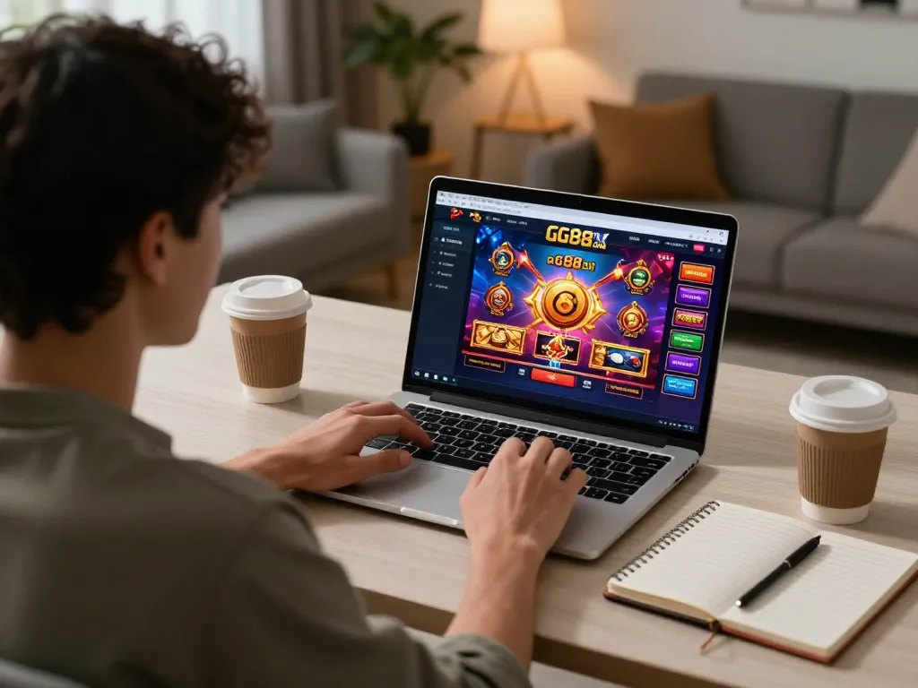 Individual playing games on GG88.COM from home, showcasing online casino excitement and strategy.