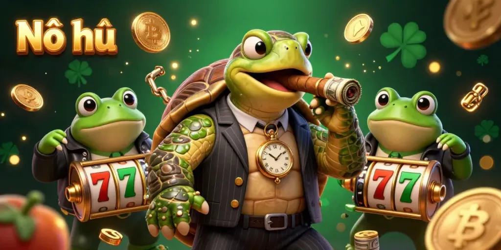 Engage in Nổ hũ excitement with a mobster turtle and bullfrog enforcers surrounded by casino symbols and crypto coins.