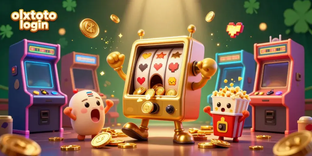 Unlock the excitement with olxtoto login, featuring a golden slot machine celebrating a jackpot amidst cheering companions.