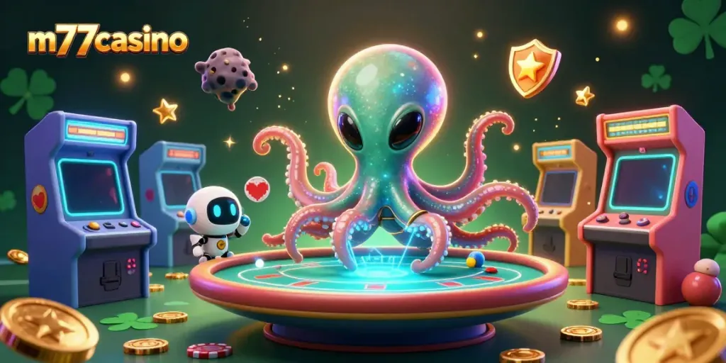 Menampilkan alien octopus m77casino beraksi di meja poker holografik dengan chip poker asteroid mengorbit.