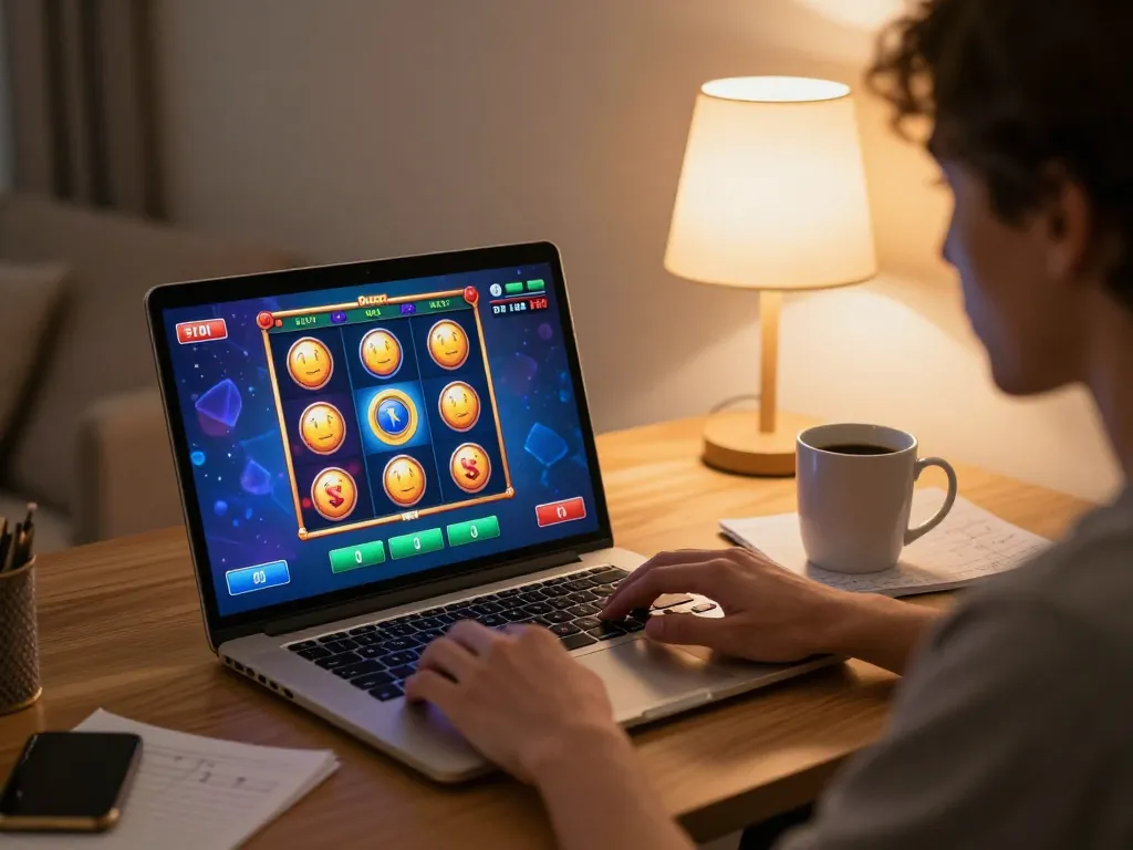 Playing an interactive Slot Demo on a laptop in a cozy home setup, with strategy notes visible.