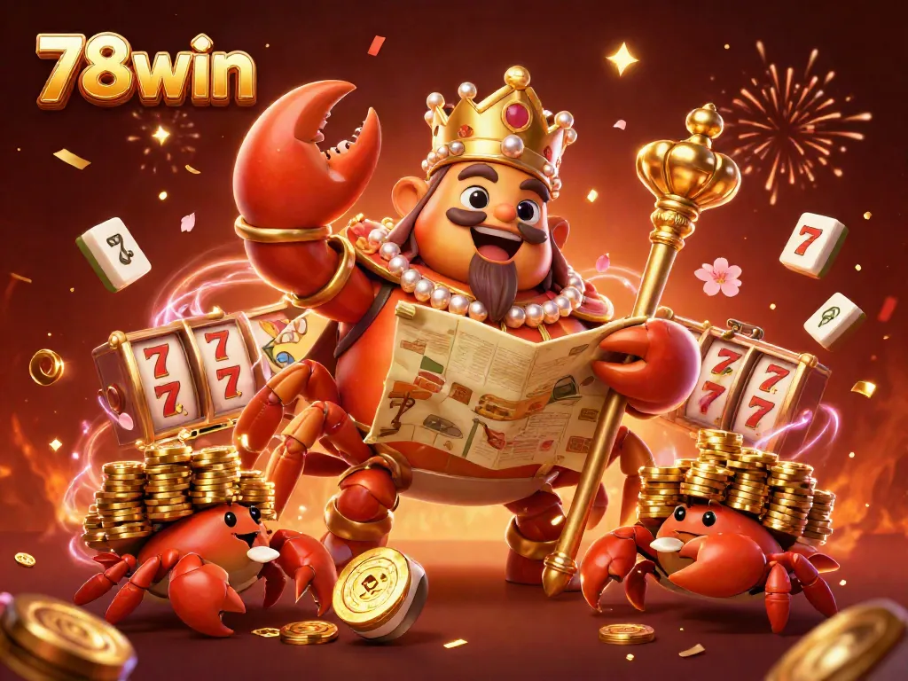 Experience the excitement of 78win with a golden crab emperor amidst festive gaming elements, highlighting vibrant casino action.
