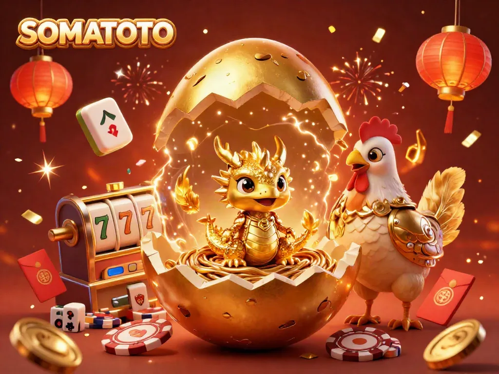 SOMATOTO showcases a dazzling 3D scene with golden dragon and poker chips amidst festive casino elements.