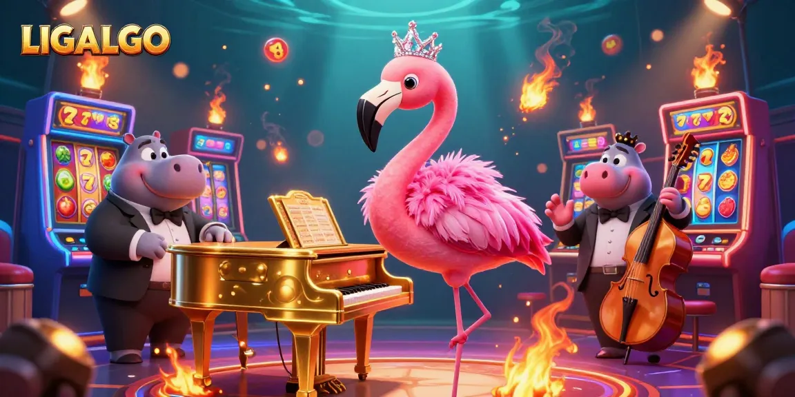 LIGALGO showcases a lively casino scene with a flamboyant flamingo singer and jazzy hippo bassist among slots.
