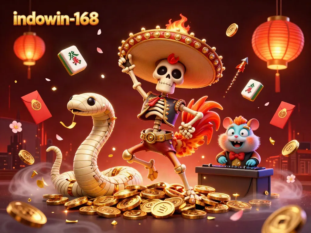 Indowin-168 menyajikan ilustrasi kasino 3D dengan ayam mariachi, ular mumi, dan DJ hamster, dikelilingi koin emas.