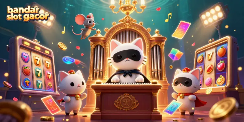Menangkan jackpot di bandar slot gacor dengan gambar menarik, slot reel dan kucing bertopeng.
