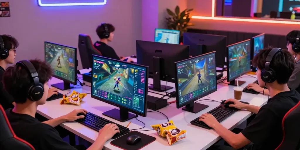 Pengalaman gaming online di harum4d dengan pemain berinteraksi di lingkungan modern dan penuh warna